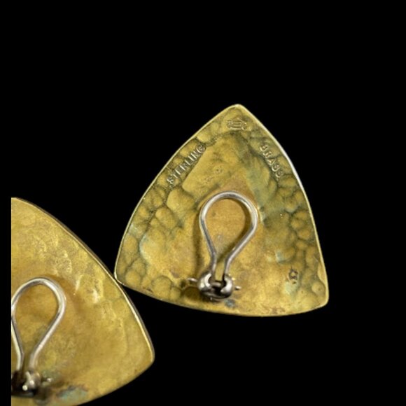 Vintage Jeep Collins Triangle Earrings Sterling Silver Brass Modernist Clip On - Picture 12 of 16